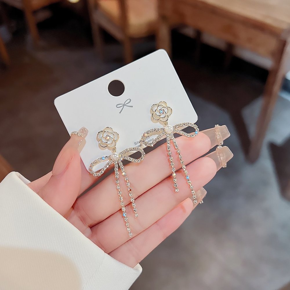 Rose Rhinestone Bow Drop Earrings